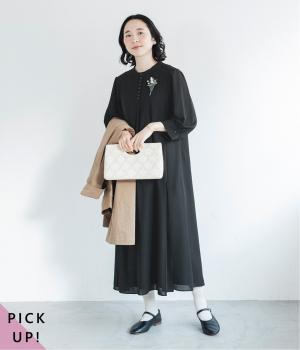 【慶弔両用】大切な日のボタンフレアワンピース(ブラック-L)