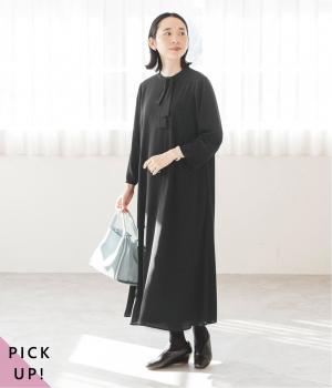 【慶弔両用】大切な日のボウタイAラインワンピース(ブラック-L)