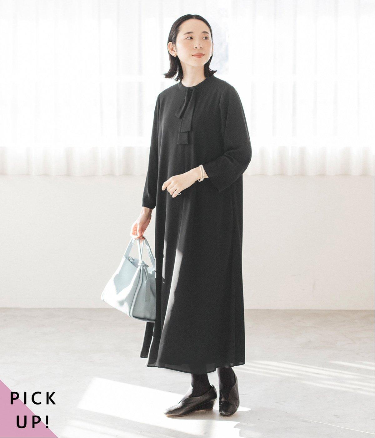 【慶弔両用】大切な日のボウタイAラインワンピース(ブラック-MP)