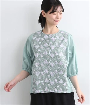 コットンローンボタニカルエンブロイダリーブラウス(ターコイズ-ONESIZE)