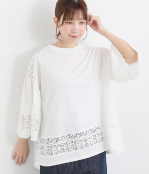 コットンレースハーフスリーブT(ホワイト-ONESIZE)