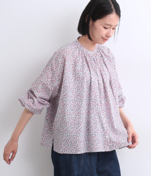 コットンブロックプリントギャザーシャツ(ピンク-ONESIZE)