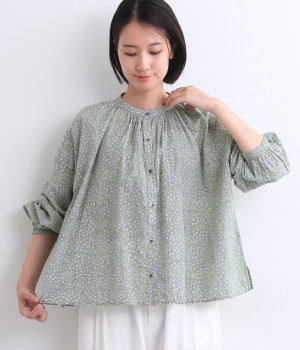 コットンブロックプリントギャザーシャツ(グリーン-ONESIZE)