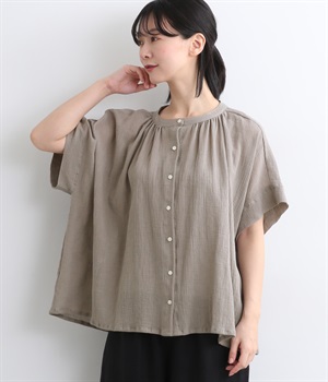 コットンウェイビーボイルワイドギャザーブラウス(グレージュ-ONESIZE)