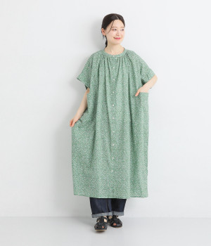 コットンローンフラワープリントギャザーワンピースドレス(グリーン-ONESIZE)
