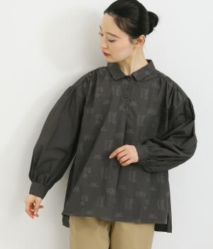 コットンタイプライターエンブロイダリ―ブラウス(グレー-ONESIZE)