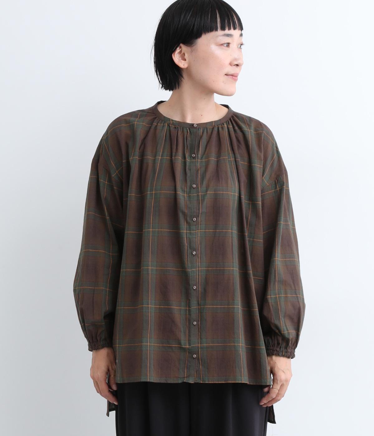 コットンオータムチェックチュニックブラウス(ブラウン-ONESIZE)
