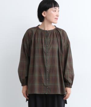 コットンオータムチェックチュニックブラウス(ブラウン-ONESIZE)