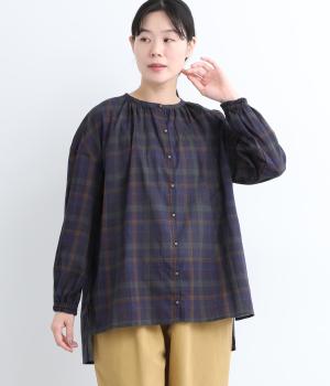 コットンオータムチェックチュニックブラウス(ネイビー-ONESIZE)