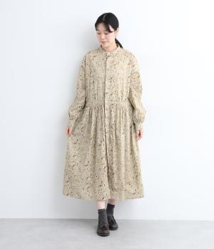 コットンフラワープリントギャザーワンピースドレス(ベージュ-ONESIZE)