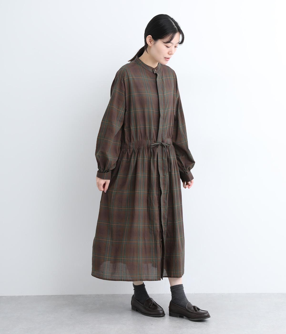 コットンオータムチェックギャザーワンピースドレス(ブラウン-ONESIZE)