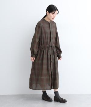 コットンオータムチェックギャザーワンピースドレス(ブラウン-ONESIZE)