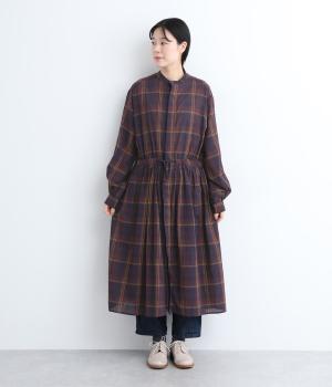 コットンオータムチェックギャザーワンピースドレス(バーガンダリ―-ONESIZE)