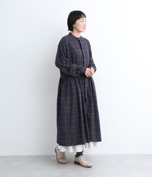 コットンオータムチェックギャザーワンピースドレス(ネイビー-ONESIZE)