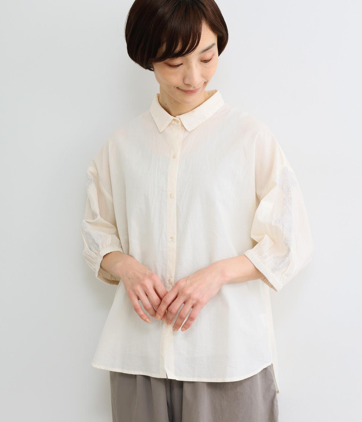 60sキャンブリックエンブロイダリークォータースリーブシャツ(アイボリー-F)