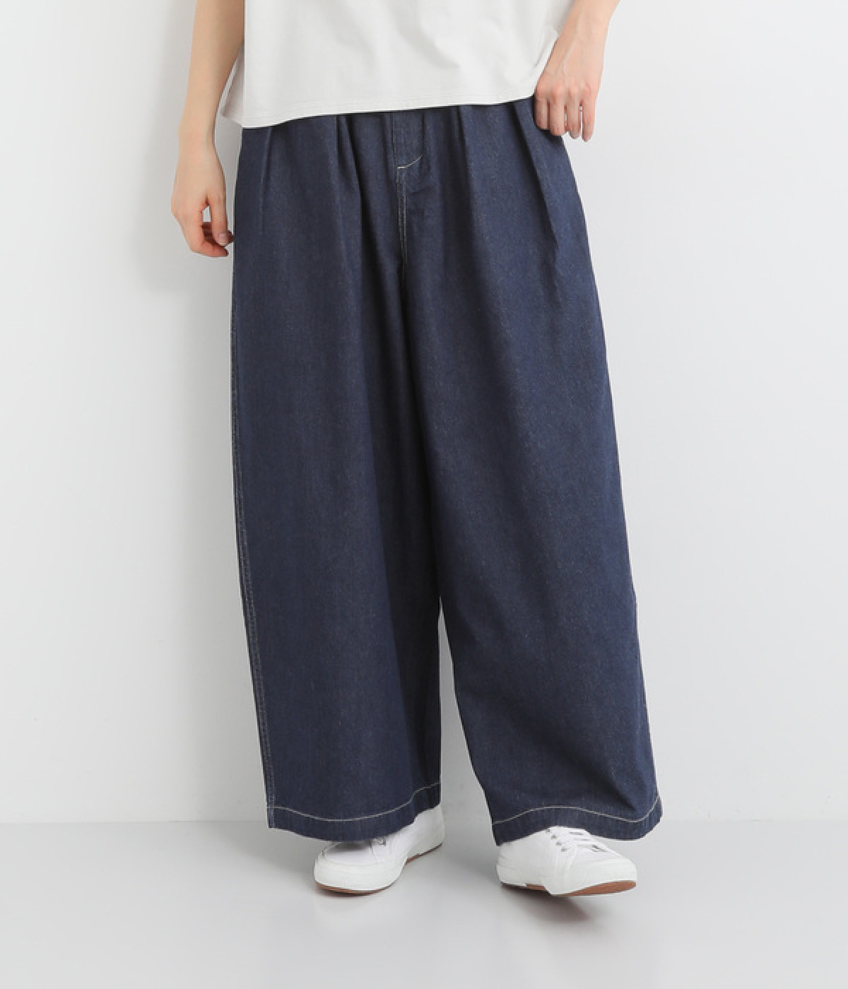 コットンリネンデニムワイドパンツ(インディゴネイビー-ONESIZE)
