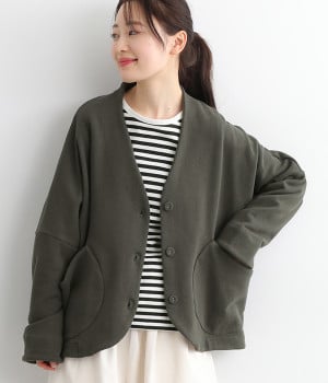 コットンリネンミニ裏毛ビックポケットカーディガン(チャコール-ONESIZE)