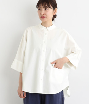 コットンタイプライターサイドポケットドルマンブラウス(オフホワイト-ONESIZE)