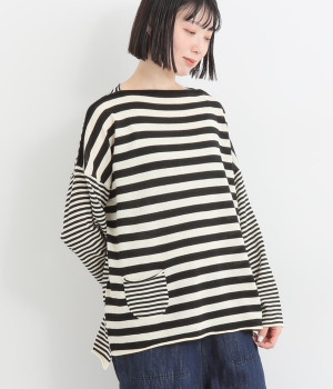 リネンコットンワイドニットプルオーバー(ブラック×アイボリー-ONESIZE)