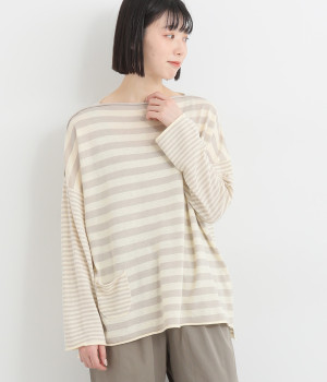 リネンコットンワイドニットプルオーバー(グレージュ×アイボリー-ONESIZE)