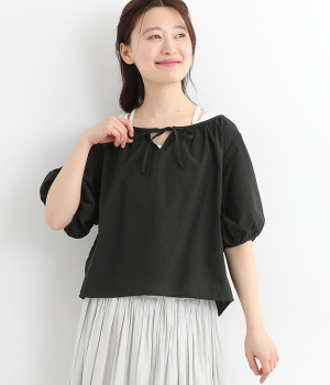 コットンドットドビーランタンスリーブブラウス(ブラック-ONESIZE)