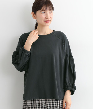 コットン空紡糸天竺ボリュームスリーブプルオーバー(チャコール-ONESIZE)
