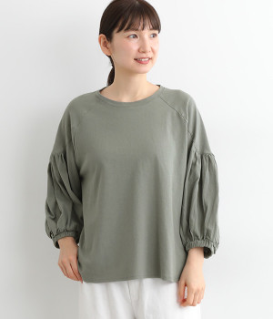 コットン空紡糸天竺ボリュームスリーブプルオーバー(モスグレー-ONESIZE)