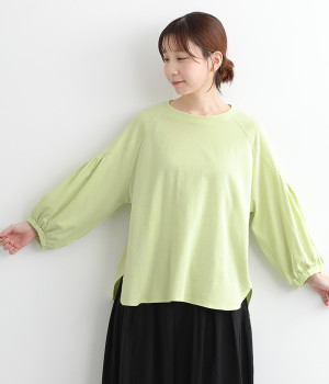 コットン空紡糸天竺ボリュームスリーブプルオーバー(イエローグリーン-ONESIZE)
