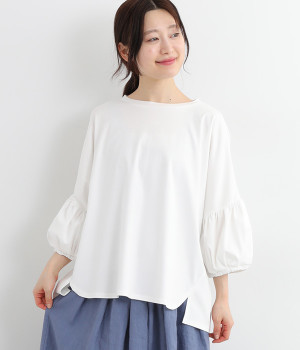 コットンシルケット天竺ギャザースリーブプルオーバー(ホワイト-ONESIZE)