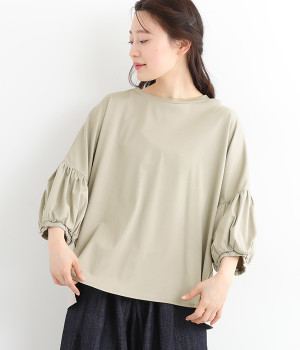 コットンシルケット天竺ギャザースリーブプルオーバー(グレージュ-ONESIZE)