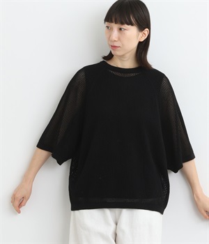 強撚コットン2wayメッシュ柄カーディガン(ブラック-ONESIZE)