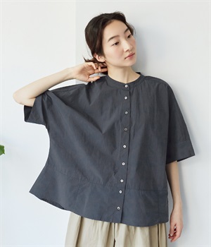 コットン切替えワイドブラウス(ネイビー-ONESIZE)