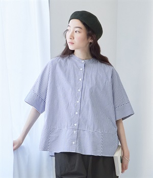 コットン切替えワイドブラウス(ブルー系-ONESIZE)