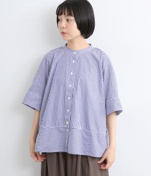 コットン切替えワイドブラウス(ブルーストライプ-F)