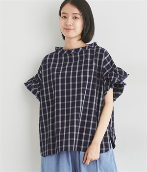 インディゴ染めチェックフリルスリーブワイドブラウス(インディゴネイビー-ONESIZE)
