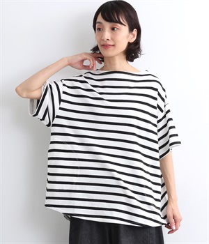 コットン空紡糸天竺モックネックサイドポケットプルオーバー(ホワイト×ブラック-ONESIZE)