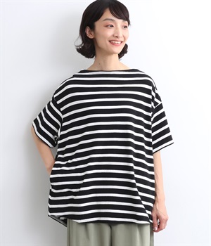 コットン空紡糸天竺モックネックサイドポケットプルオーバー(ブラック×ホワイト-ONESIZE)