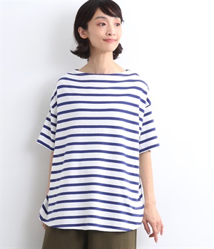 コットン空紡糸天竺モックネックサイドポケットプルオーバー(ホワイト×ブルー-ONESIZE)