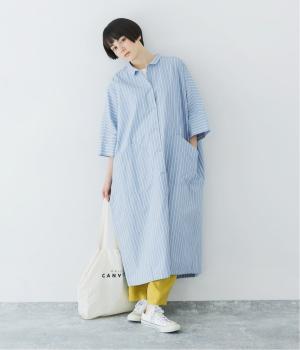 コットンタイプライタービッグポケットドルマンワンピース(ホワイト×ライトブルー-F)