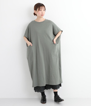 コットン空紡糸天竺ワンピース(モスグレー-ONESIZE)