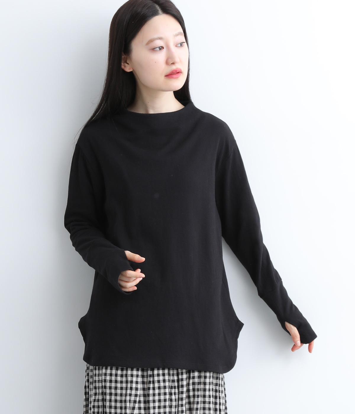 接結スーピマコットンサムホール付ボトルネックカットソー(ブラック-F)