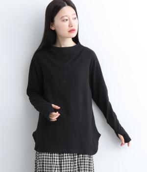 接結スーピマコットンサムホール付ボトルネックカットソー(ブラック-F)