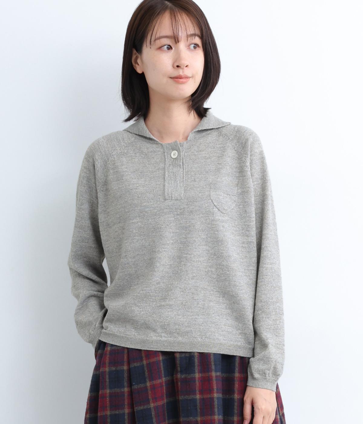 リネンウールブレンドメランジカットネックニットプルオーバー(グレー-F)