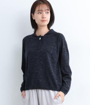 リネンウールブレンドメランジカットネックニットプルオーバー(ネイビー-F)