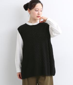 ヌーヴェルコットンカシミヤスカシ柄ベスト(ブラック-F)