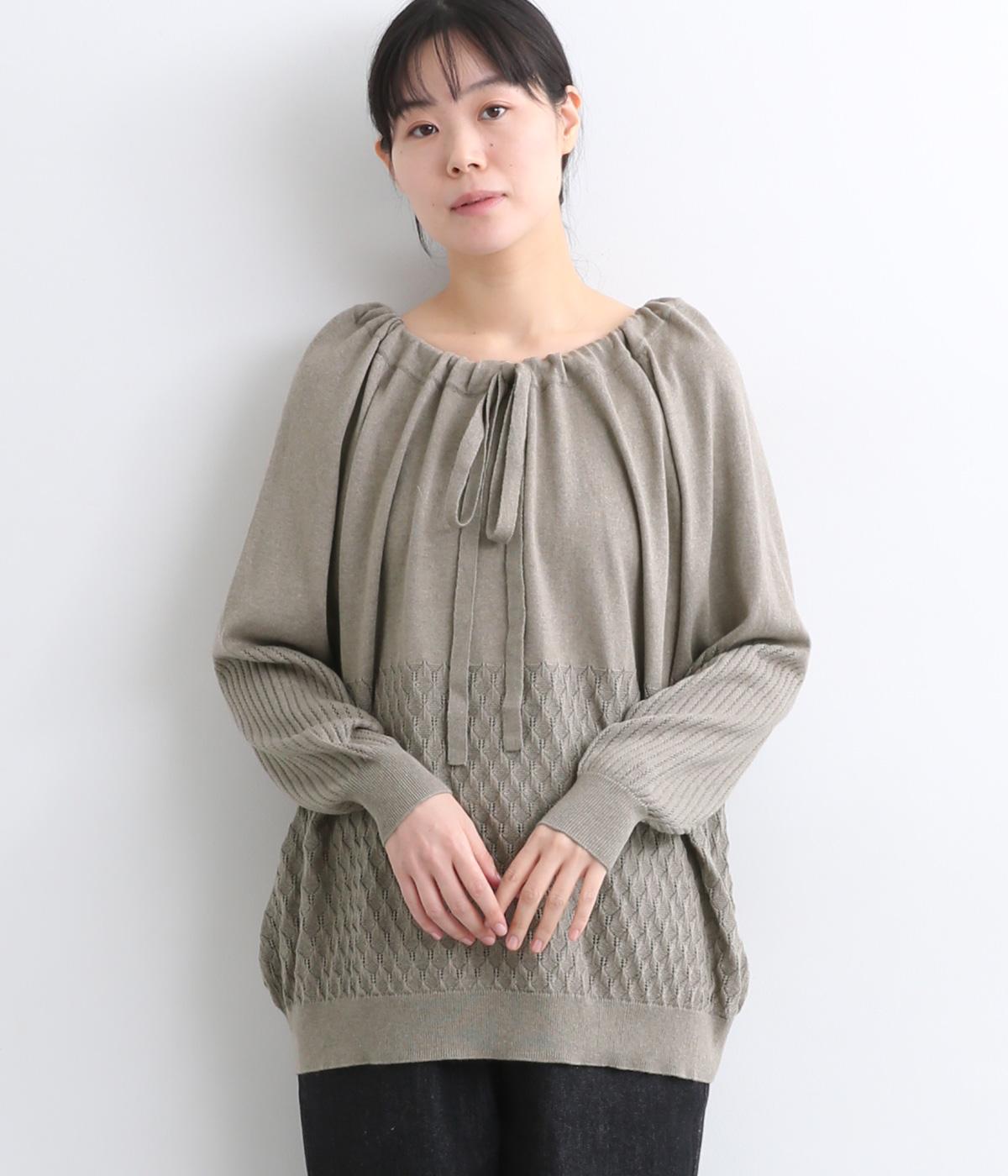 ヌーヴェルコットンカシミヤリボンスカシ柄切り替えニットプルオーバー(グレー-F)
