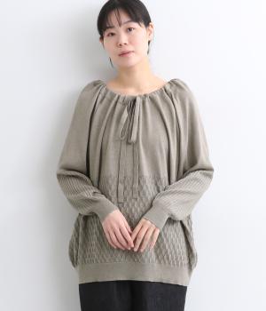 ヌーヴェルコットンカシミヤリボンスカシ柄切り替えニットプルオーバー(グレー-F)