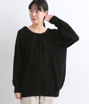 ヌーヴェルコットンカシミヤリボンスカシ柄切り替えニットプルオーバー(ブラック-F)