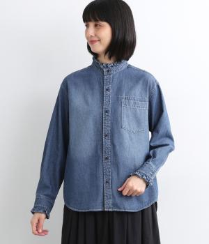 デニム　フリルブラウス(インディゴブルー-F)
