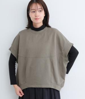 コットンリネンミニ裏毛　切替えベスト(グレーモカ-F)